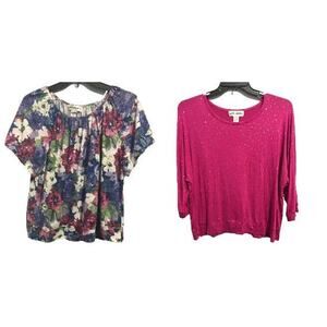 Cathy Daniels Womens Size 1X Knit Top Lot of 2 Floral Sequins Purple Pink White